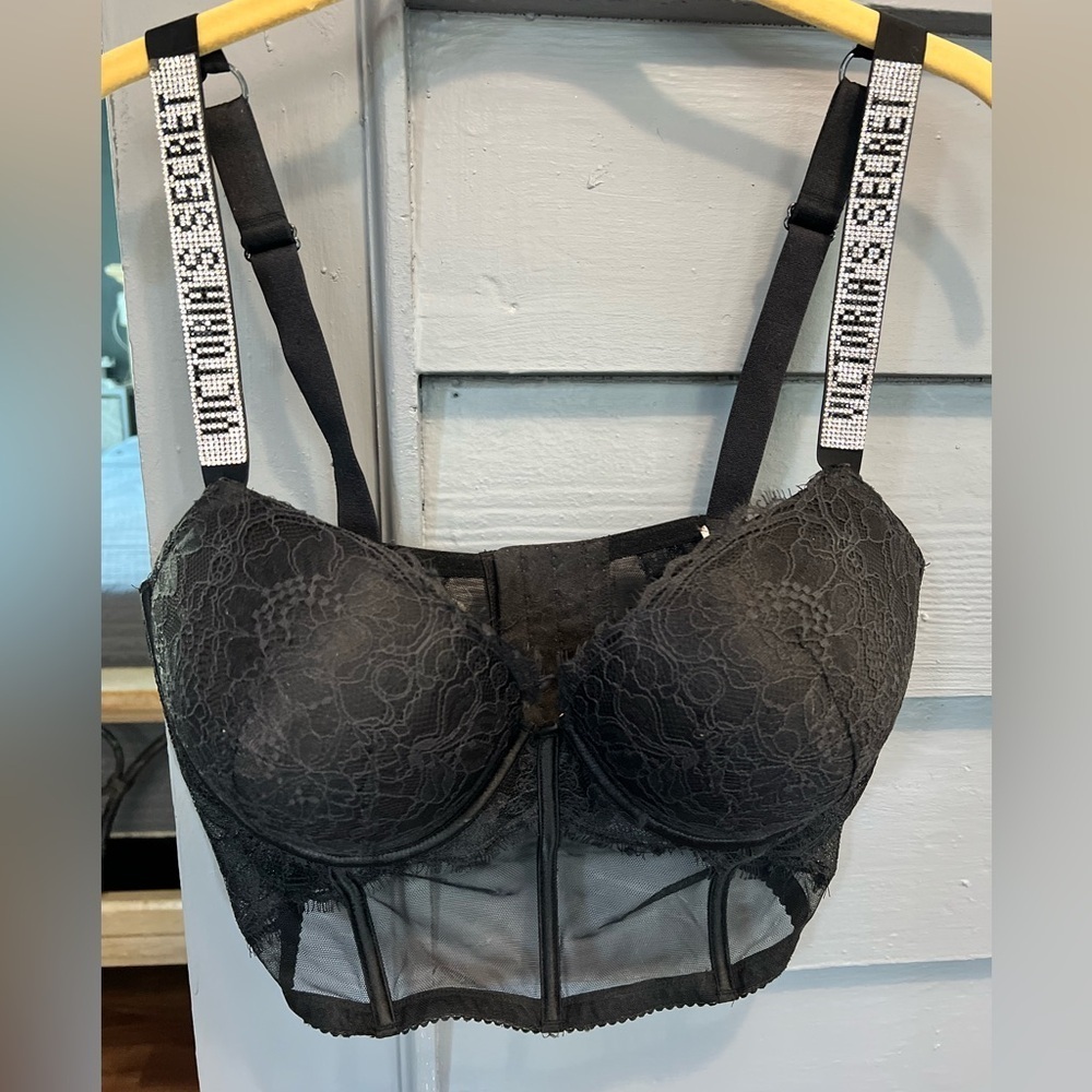 Victoria’s Secret Black Rhinestone Strap Pushup Corset Bra Top 38DD😍